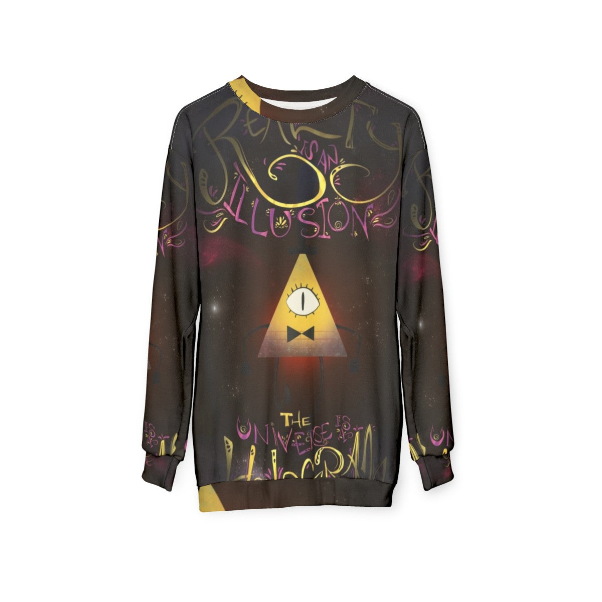 Bill Cipher "Reality Is An Illusion" Gravity Falls Holographic Sweatshirt - hanging