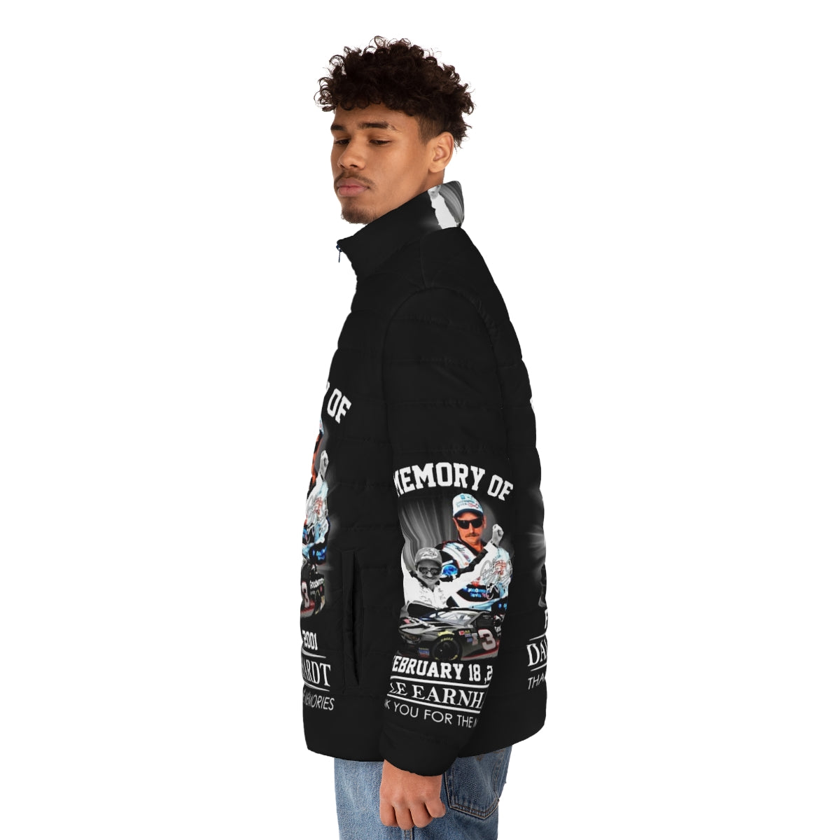 Puffer jacket featuring a memorial design for NASCAR legend Dale Earnhardt - men side left