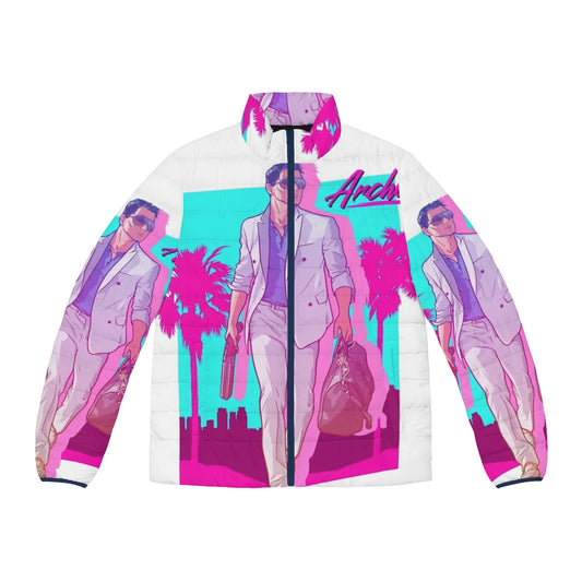 Man wearing Archer Vice inspired 80s-style puffer jacket with Vice City theme