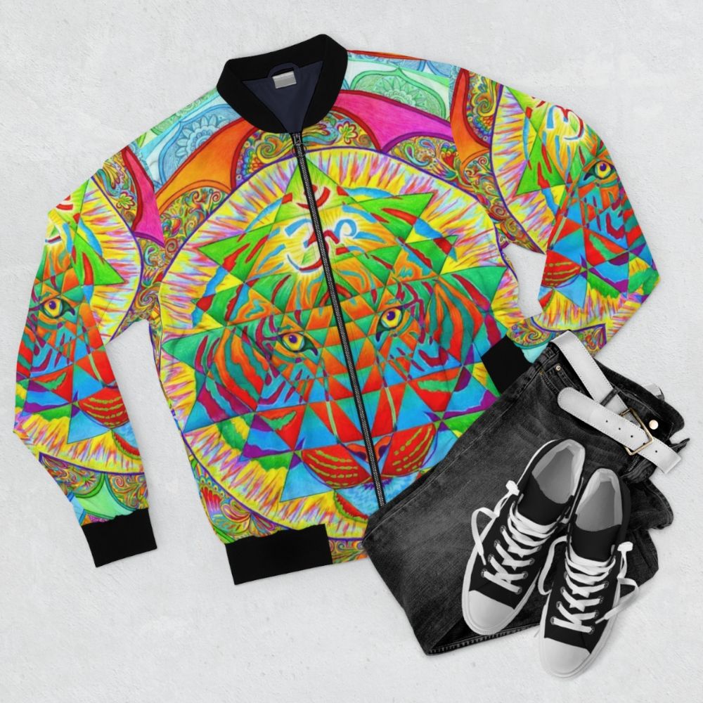 Psychedelic tiger and Sri Yantra mandala design on a bomber jacket - Flat lay