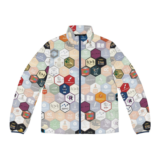 A puffer jacket with a small hexagonal pattern, perfect for data science enthusiasts and R programmers.