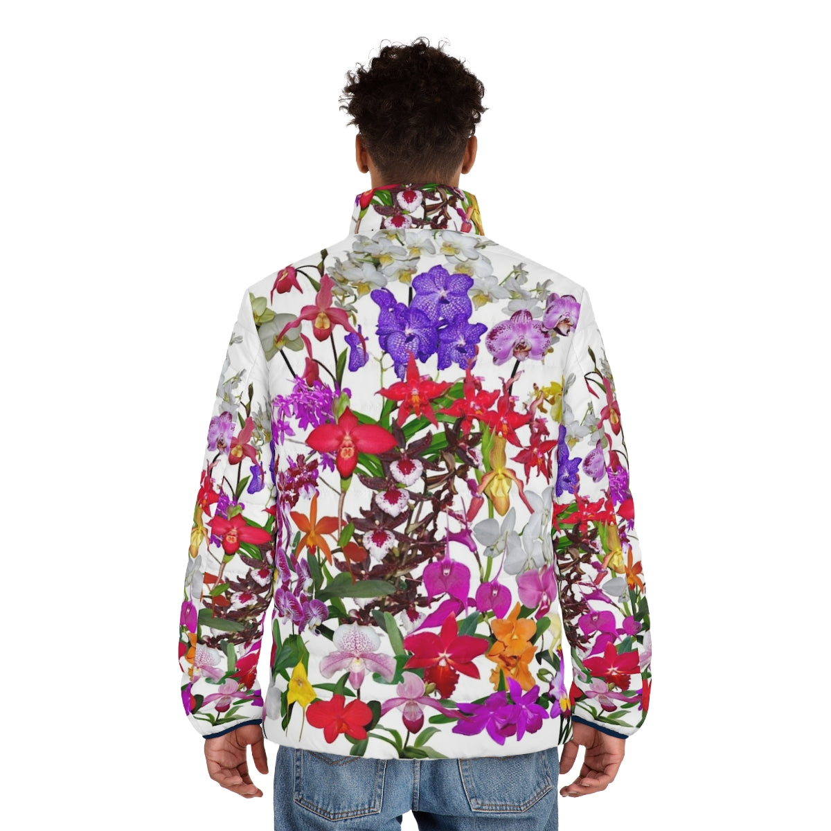 Orchid puffer jacket featuring vibrant orchid flowers in a digital photography design - men back