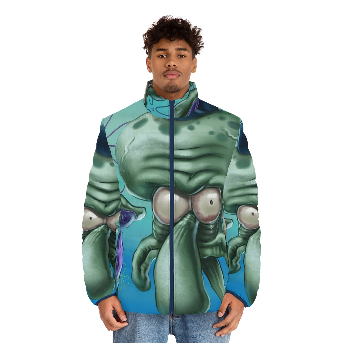 Spongebob-inspired puffer jacket with a "Look At Me" design - men front