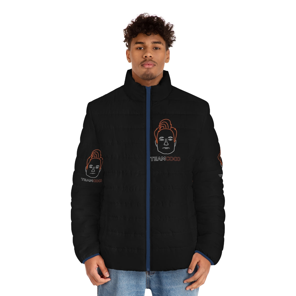 Neon Team Coco Puffer Jacket with Conan O'Brien Portrait Vector Art - men front