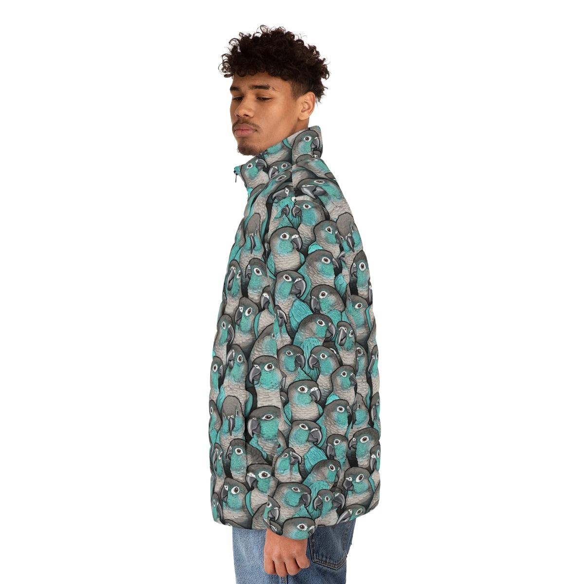 Turquoise green cheeked conure puffer jacket with bird pattern - men side left