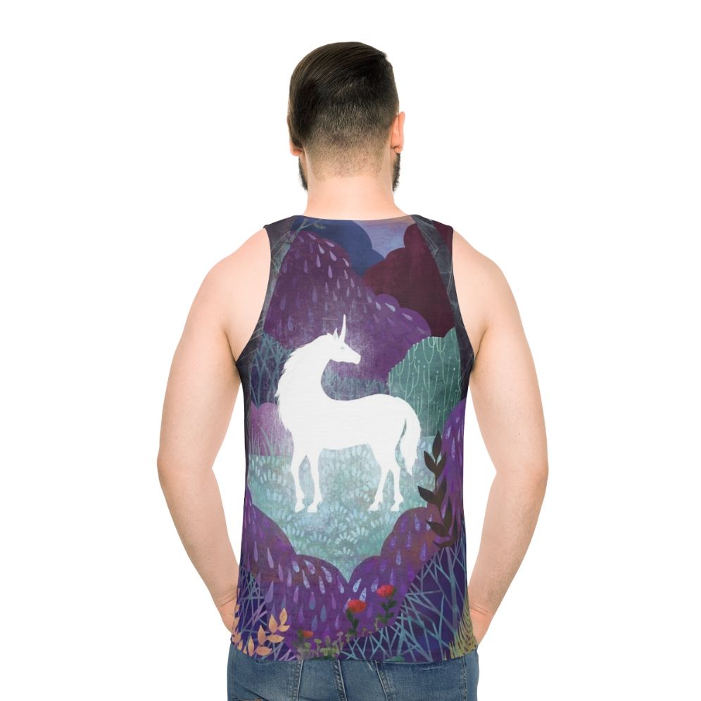 The Last Unicorn Unisex Tank Top featuring a magical unicorn in a fantasy forest - men back