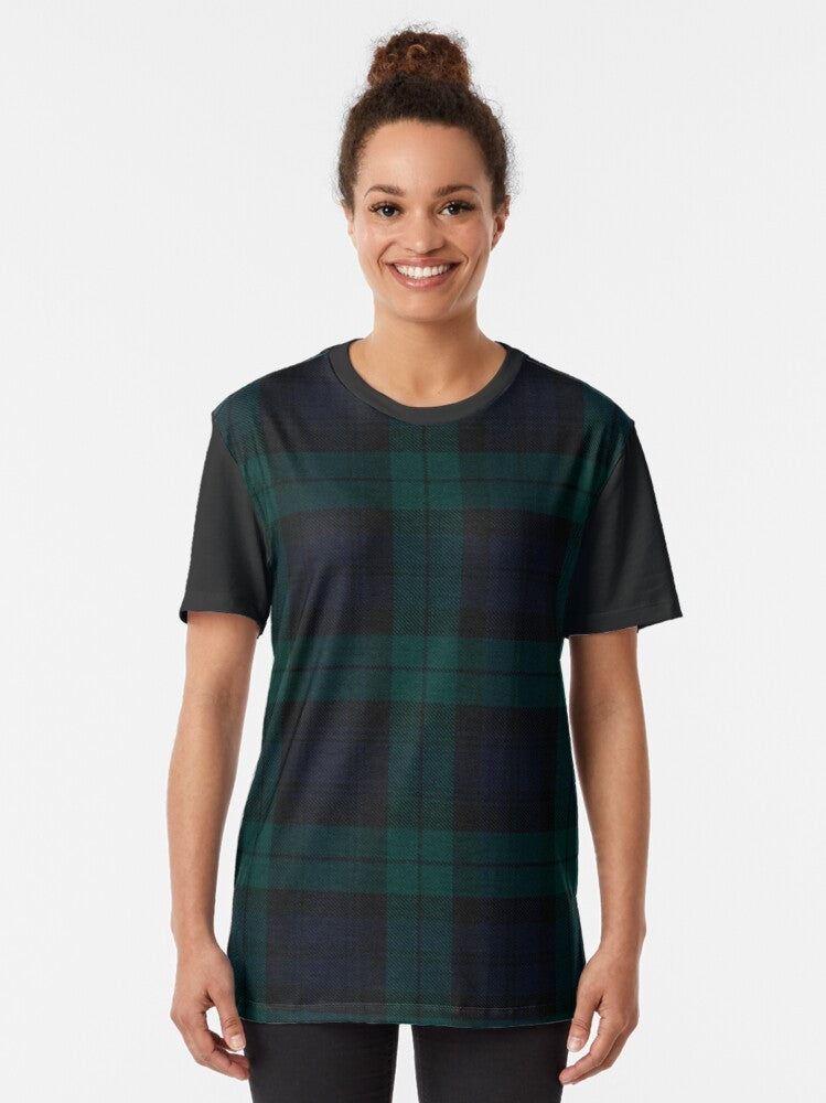 Black Watch Scottish Tartan Graphic T-Shirt featuring a classic Scottish clan tartan design - Women