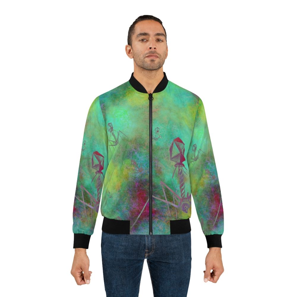 A bomber jacket featuring a graphic design of a bacteriophage, a virus that infects bacteria. - Lifestyle