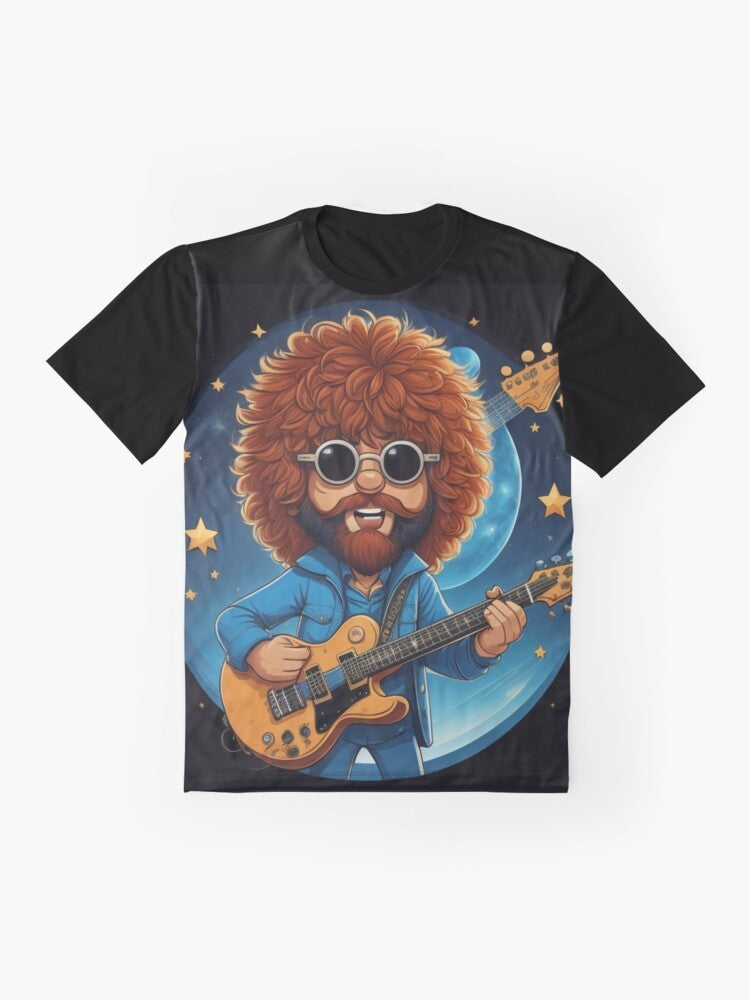 Cartoon illustration of Jeff Lynne and the Electric Light Orchestra (ELO) logo on a blue background with the 'Mr. Blue Sky' song title - Flat lay