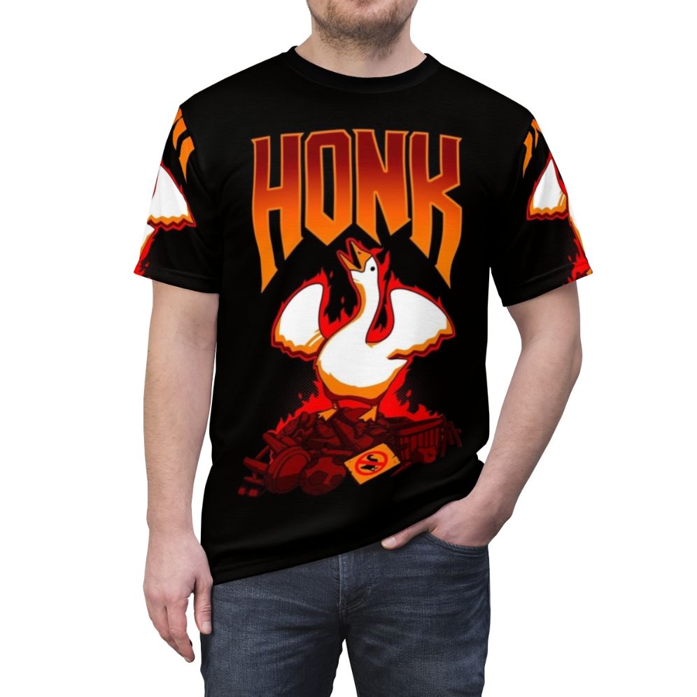 Honk geese gaming t-shirt design featuring a goose character in a heavy metal inspired style - men front