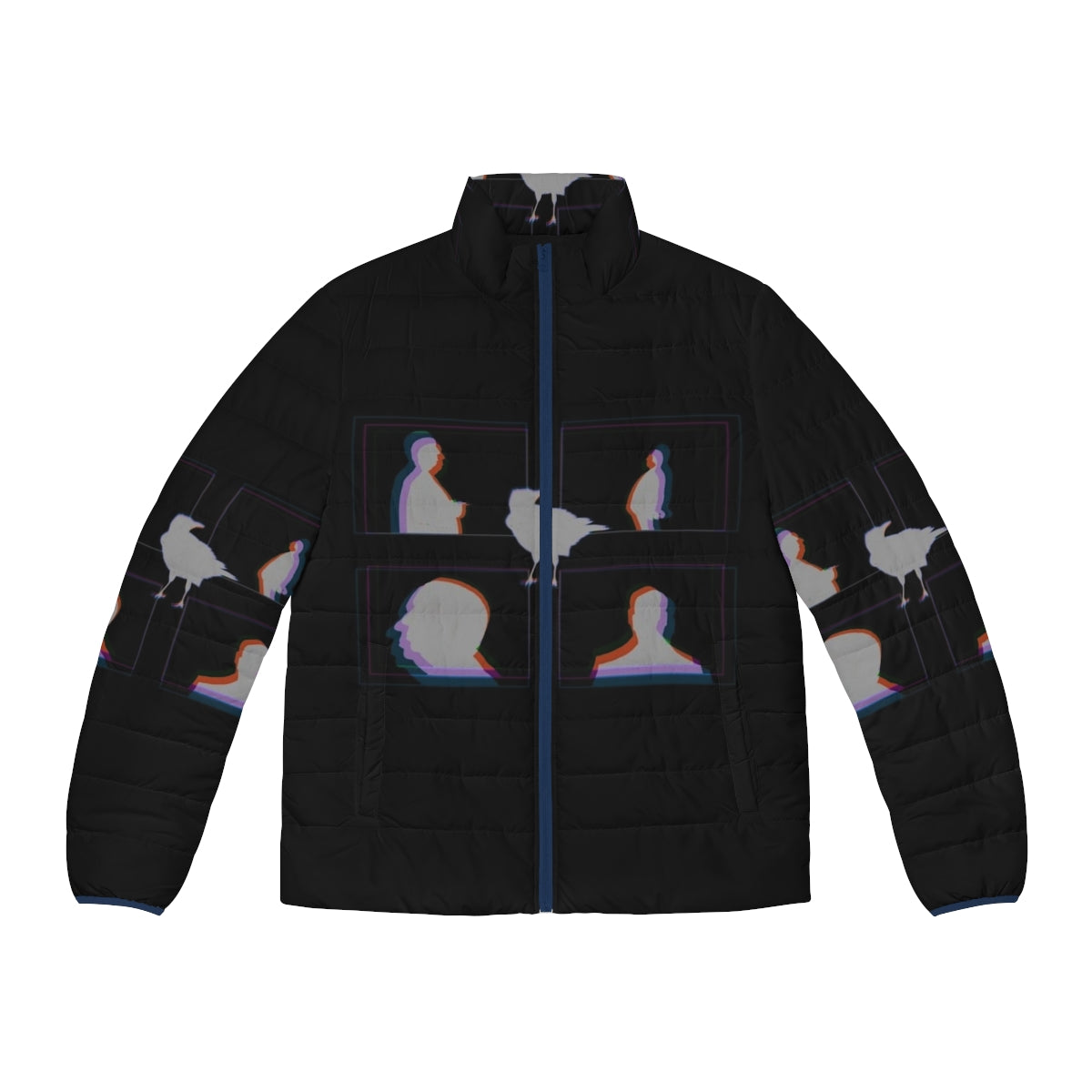 Alfred Hitchcock inspired puffer jacket with a crow design, featuring the iconic director's silhouette.