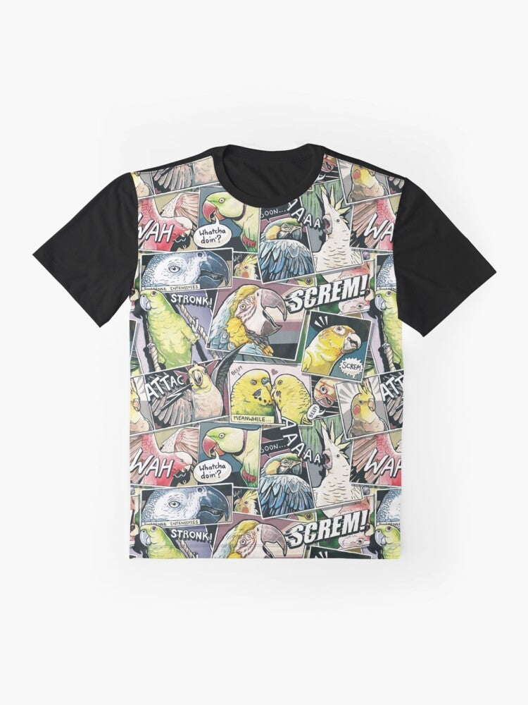 Colorful parrot graphic design on a t-shirt, featuring a comic-style illustration of a bird. - Flat lay