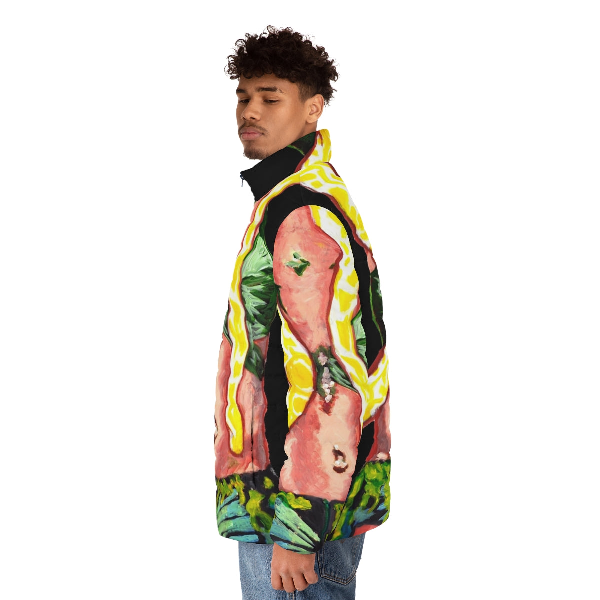 Retro 90s style snake puffer jacket in vibrant pop art design - men side left