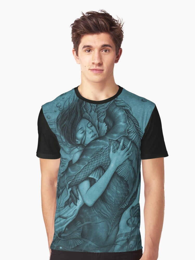 The Shape of Water movie-inspired graphic t-shirt featuring a fantasy fish-man and a woman in a laboratory setting. - Men