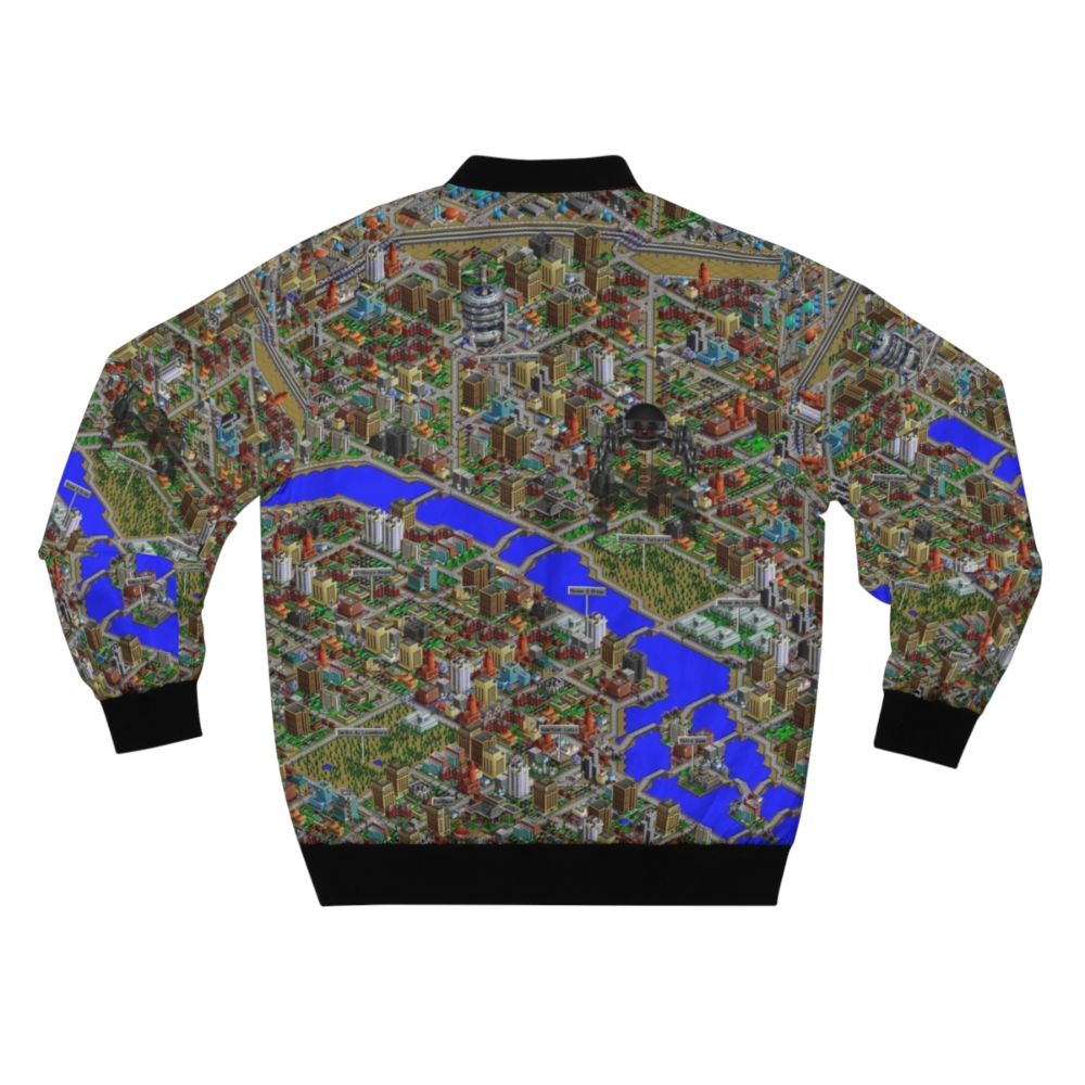 A retro-style bomber jacket featuring the iconic SimCity 2000 game logo and pixel art design. - Back