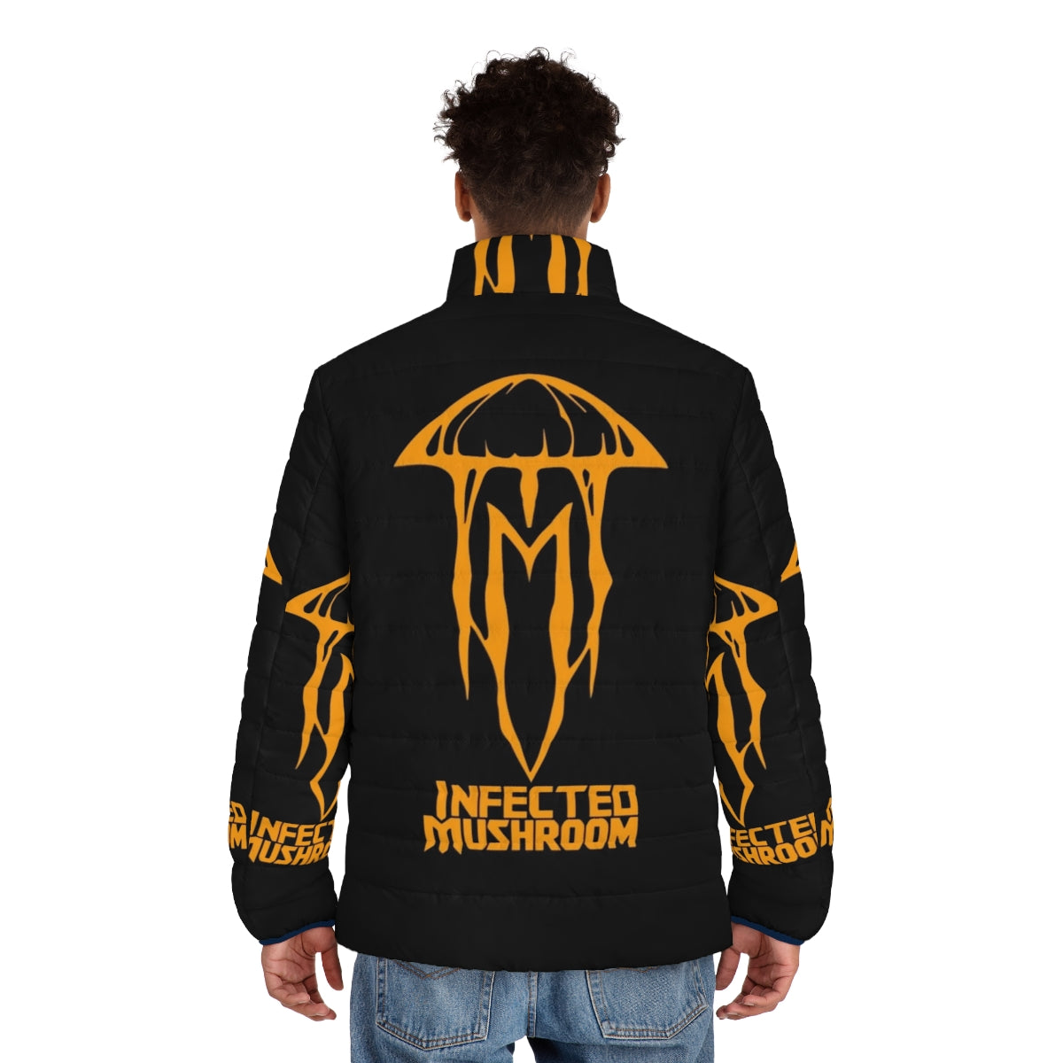 Infected Mushroom psychedelic puffer jacket with trippy, electronic-inspired design - men back