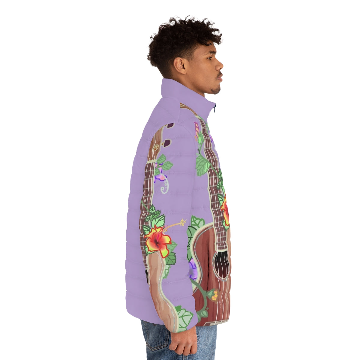 Koa wood ukulele puffer jacket with a floral design - men side right