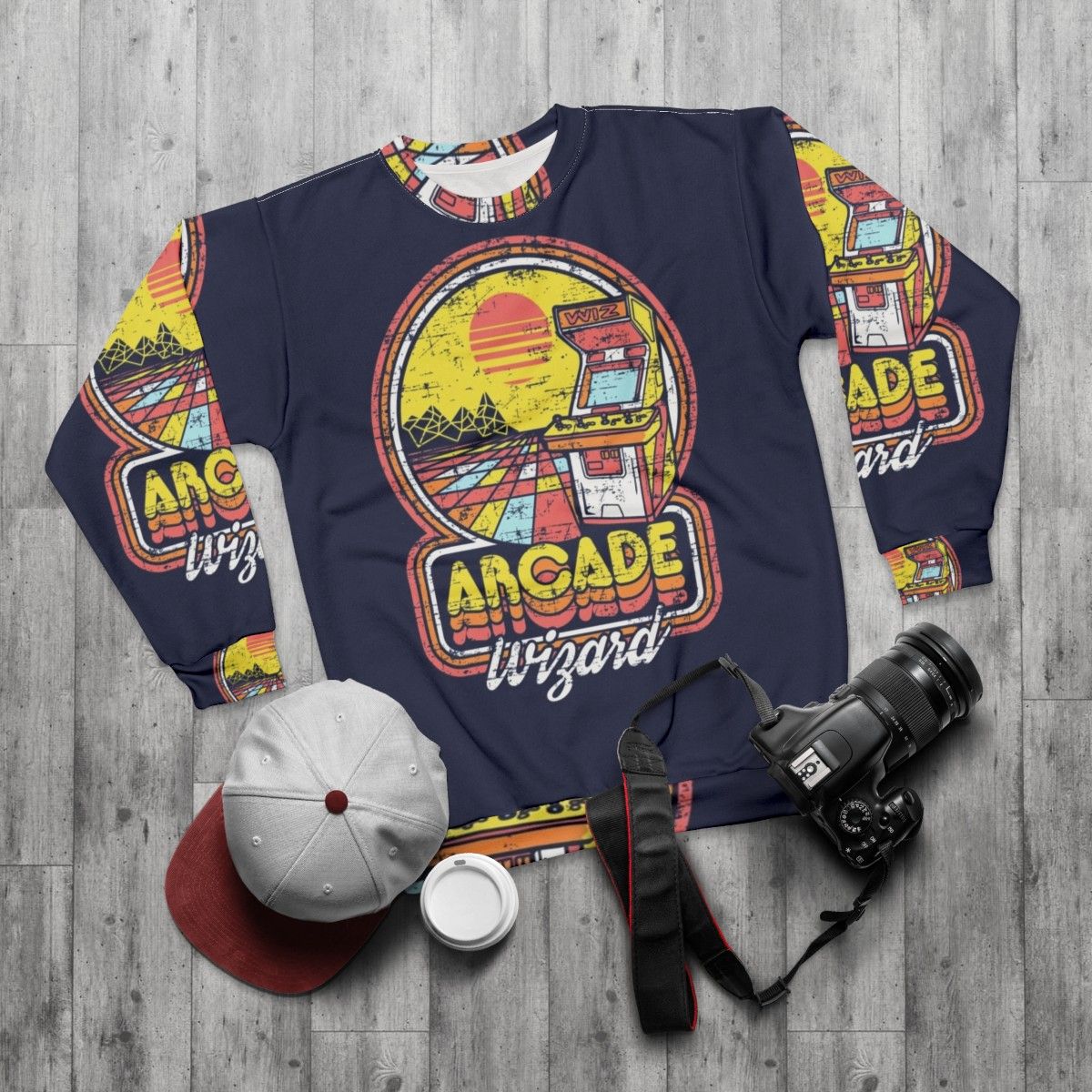 Arcade Wizard Sweatshirt for Retro Gamers - flat lay