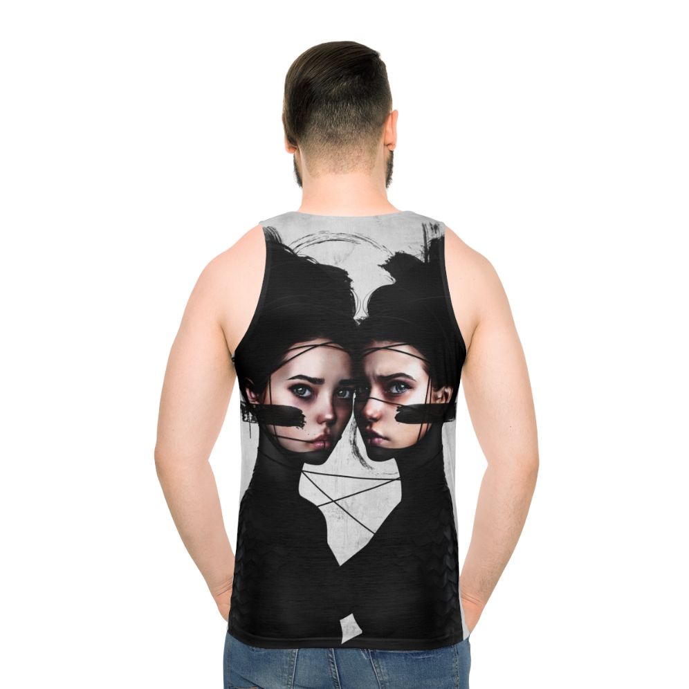 Gemini zodiac unisex tank top featuring surrealistic portrait art - men back