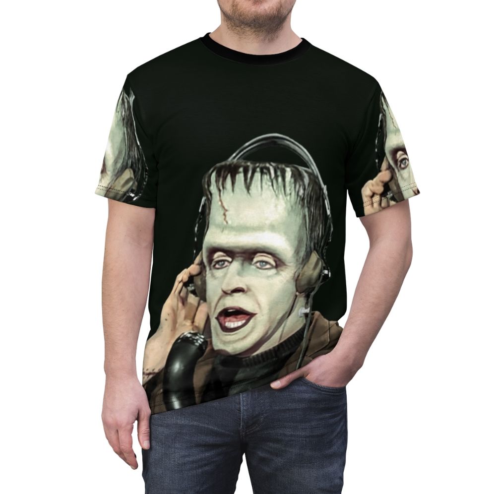 Vintage-style graphic tee featuring characters from the 1960s TV show The Munsters, including Herman Munster, at a radio - men front