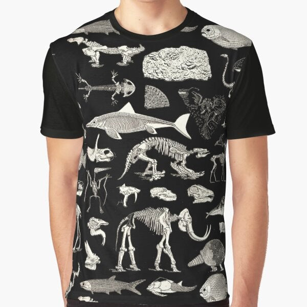 Paleontology illustration graphic t-shirt featuring dinosaur fossils, skeletons, and ancient archaeological symbols