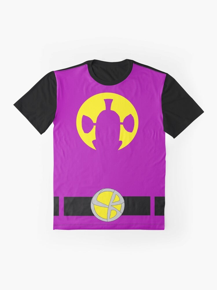 LarryBoy, the superhero character from Veggietales, featured on a purple and yellow graphic t-shirt. - Flat lay