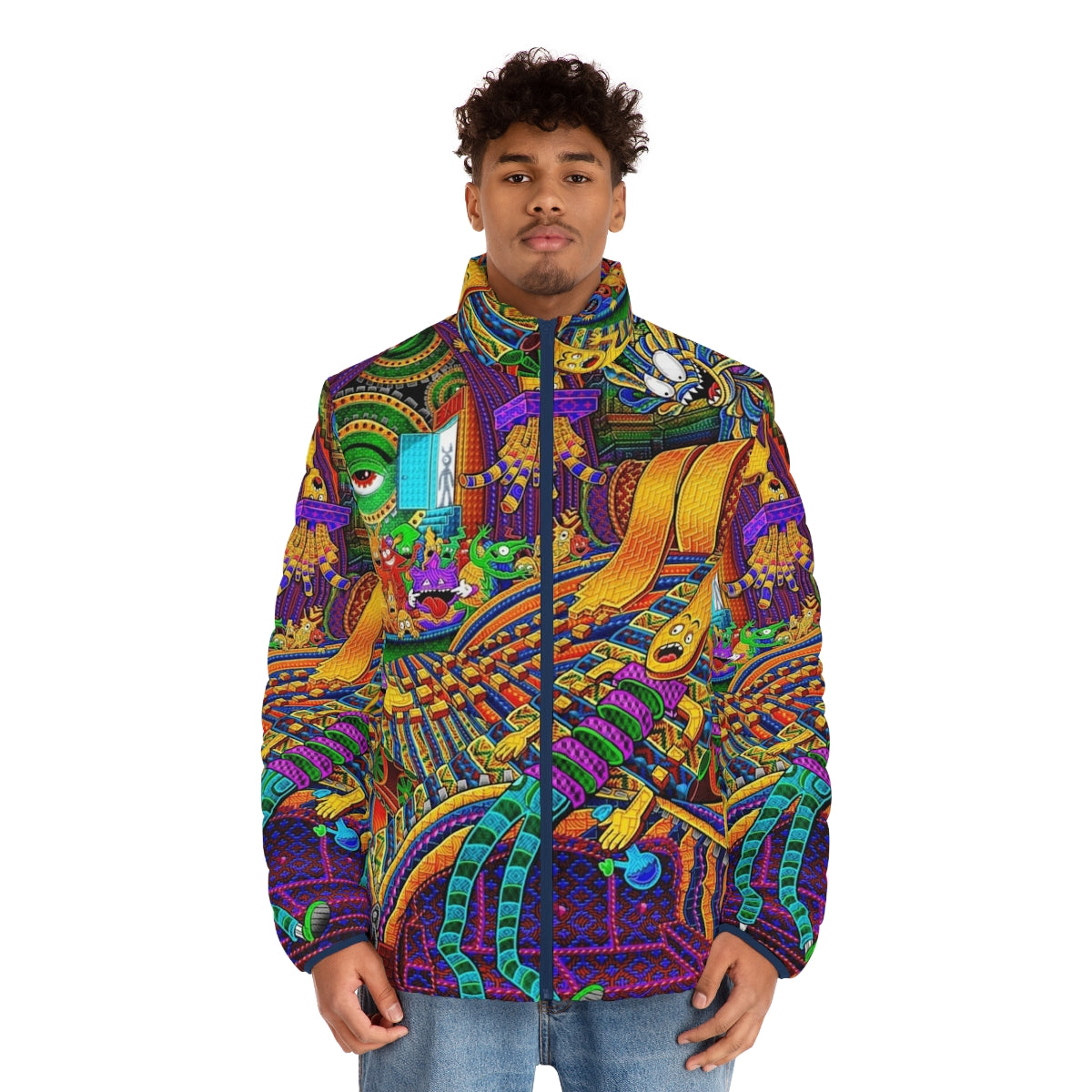 Puffer jacket with psychedelic, visionary art design inspired by altered states of consciousness - men front