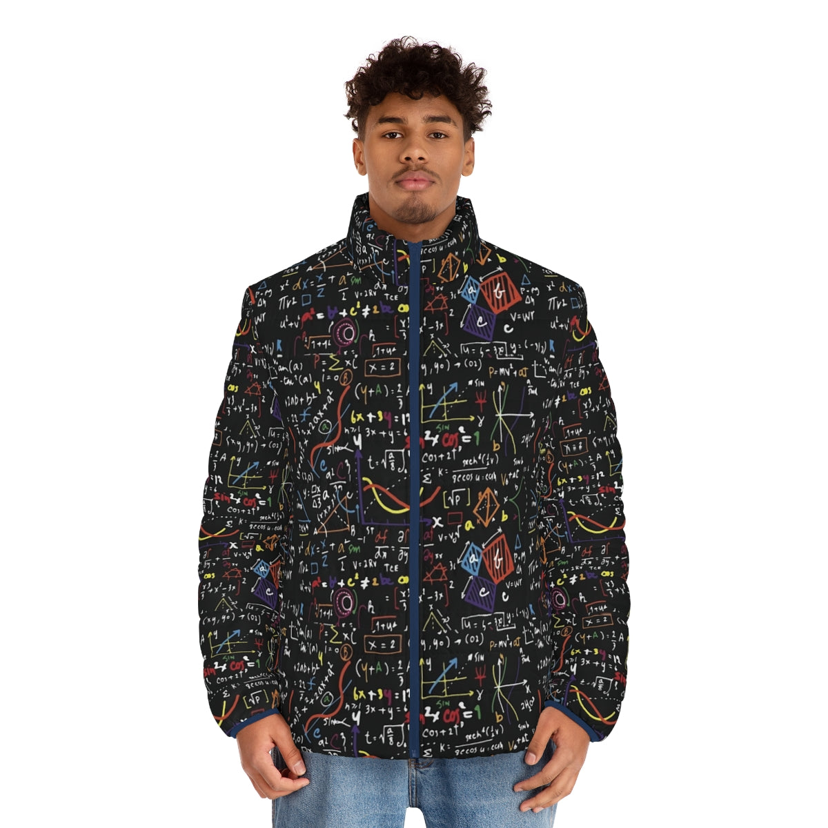 Puffer jacket with math equations, formulas, and symbols printed on it - men front