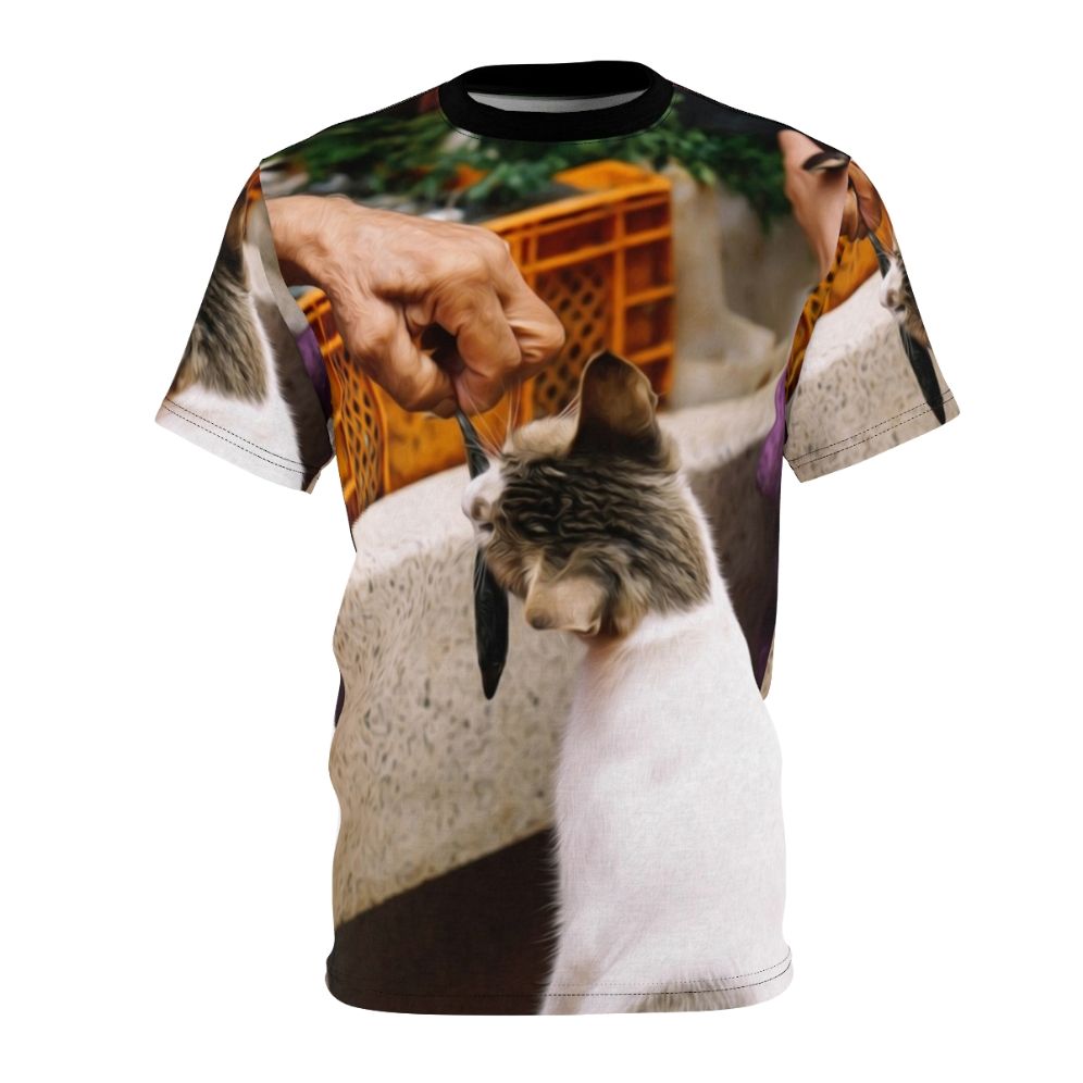 Illustration of people, market, animals, and cats on a t-shirt