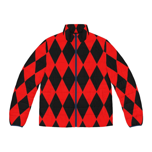 Red and black diamond patterned puffer jacket