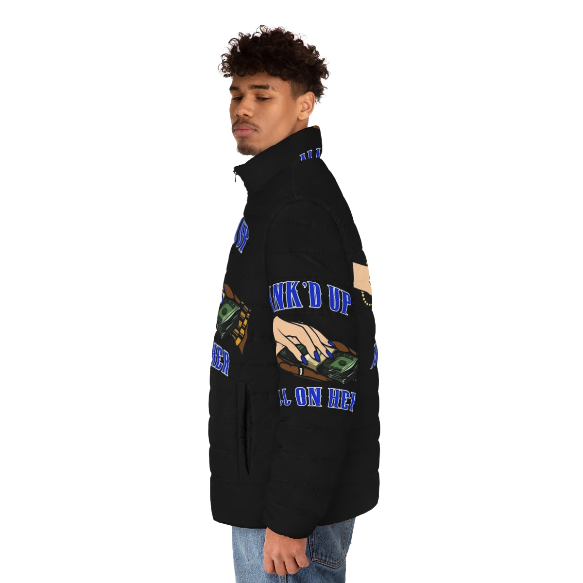 Blue and black puffer jacket with rapper merchandise design - men side left