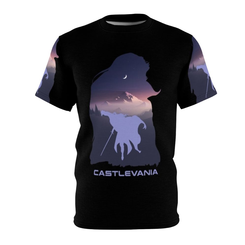 Castlevania-inspired fan art t-shirt featuring gothic mountains, moon, and vampire imagery