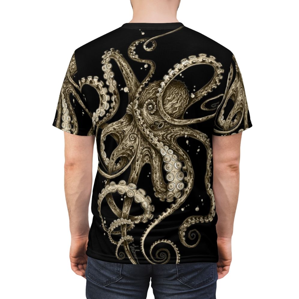 Trippy octopus t-shirt with sepia-toned psychedelic tentacles - men back