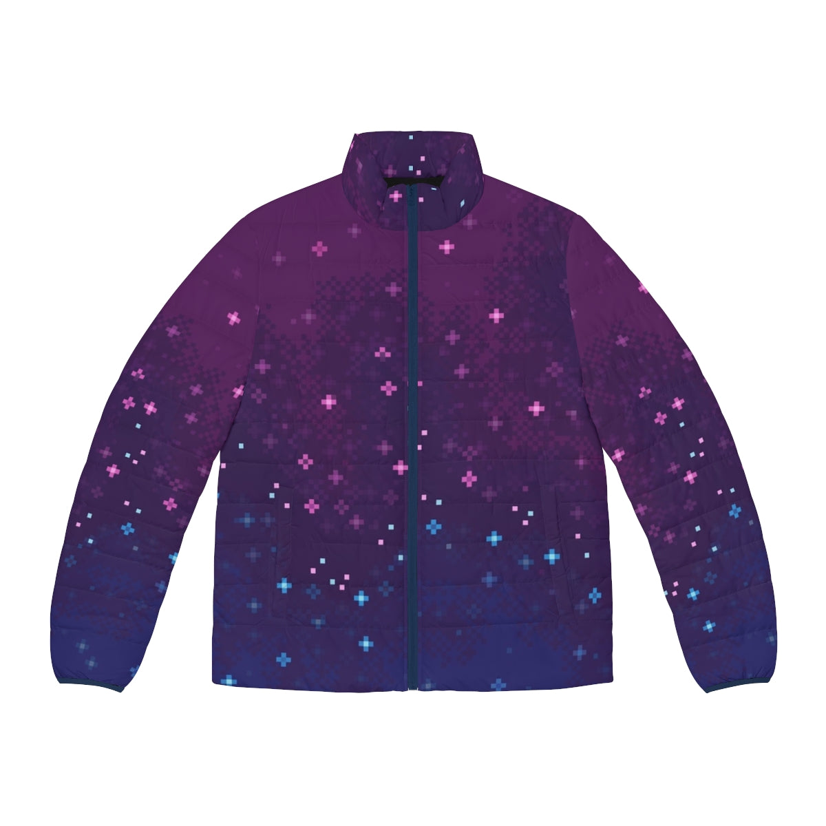 Bi Pride Galactic 8-Bit Puffer Jacket featuring a vibrant pixel art design of the bisexual pride flag in a cosmic galaxy setting