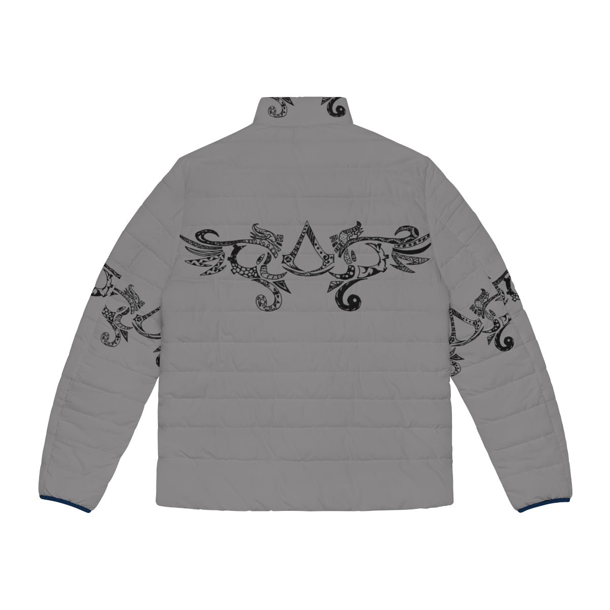 Black puffer jacket with Assassins Creed tribal pattern design - Back