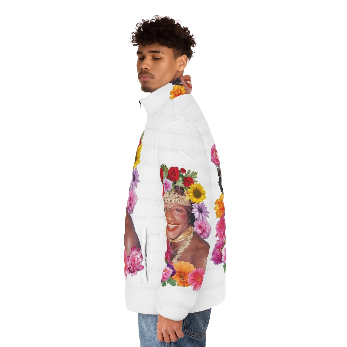 Flowerful Marsha P. Johnson inspired puffer jacket with flower power design - men side left