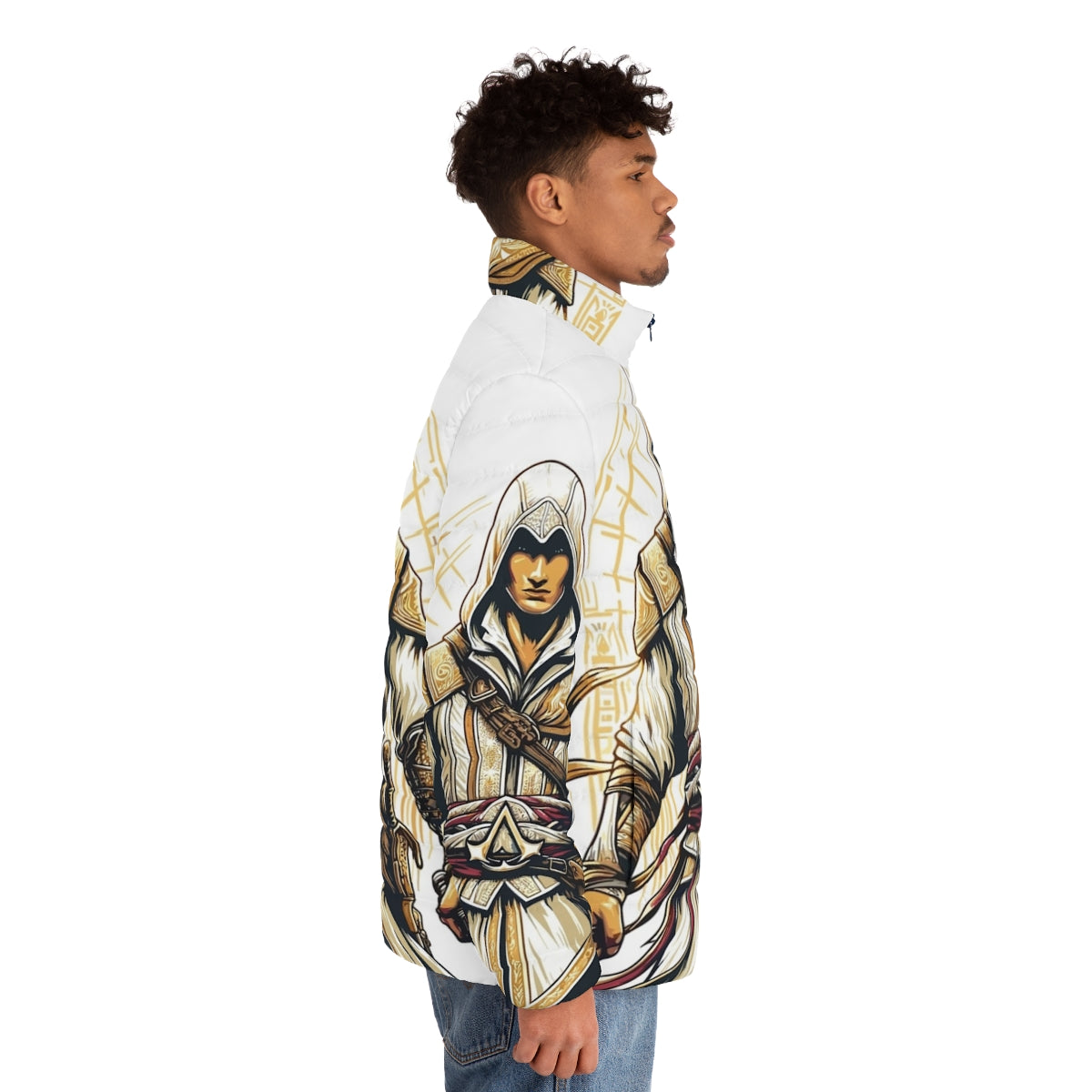 Assassin's Creed inspired puffer jacket with bright colors and historical motifs - men side right