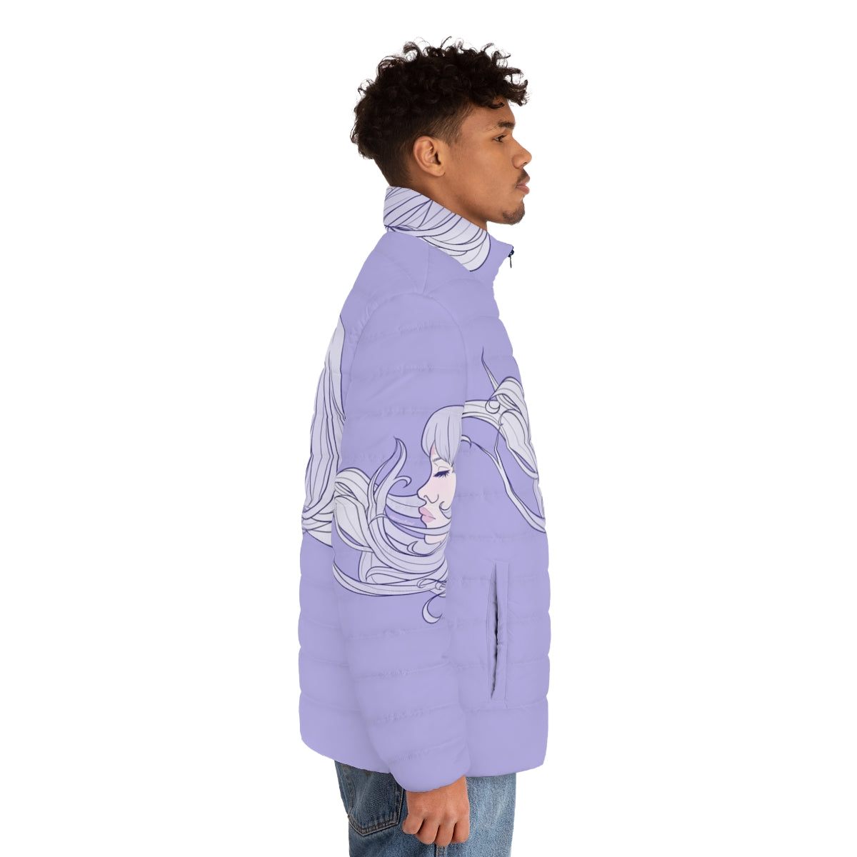 The Last Unicorn pastel purple puffer jacket with whimsical unicorn design - men side right