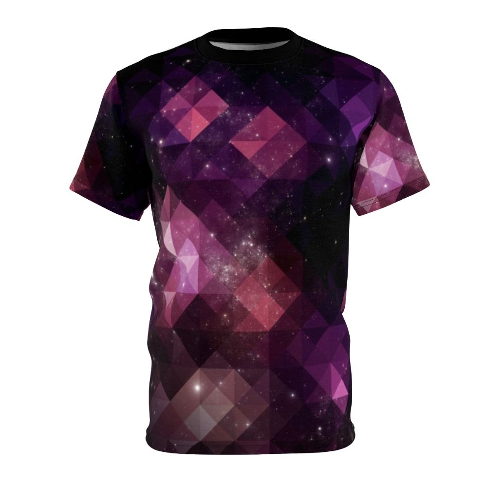 Geometric space-themed t-shirt with triangles, stars, and cosmic design