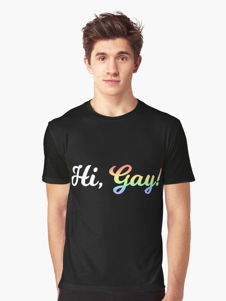 A colorful graphic t-shirt with the text "Hi, Gay!" in a rainbow design. - Men