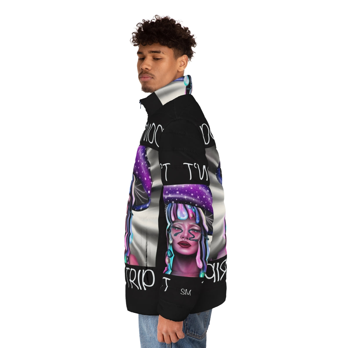 Trippy puffer jacket with psychedelic and mushroom design - men side left