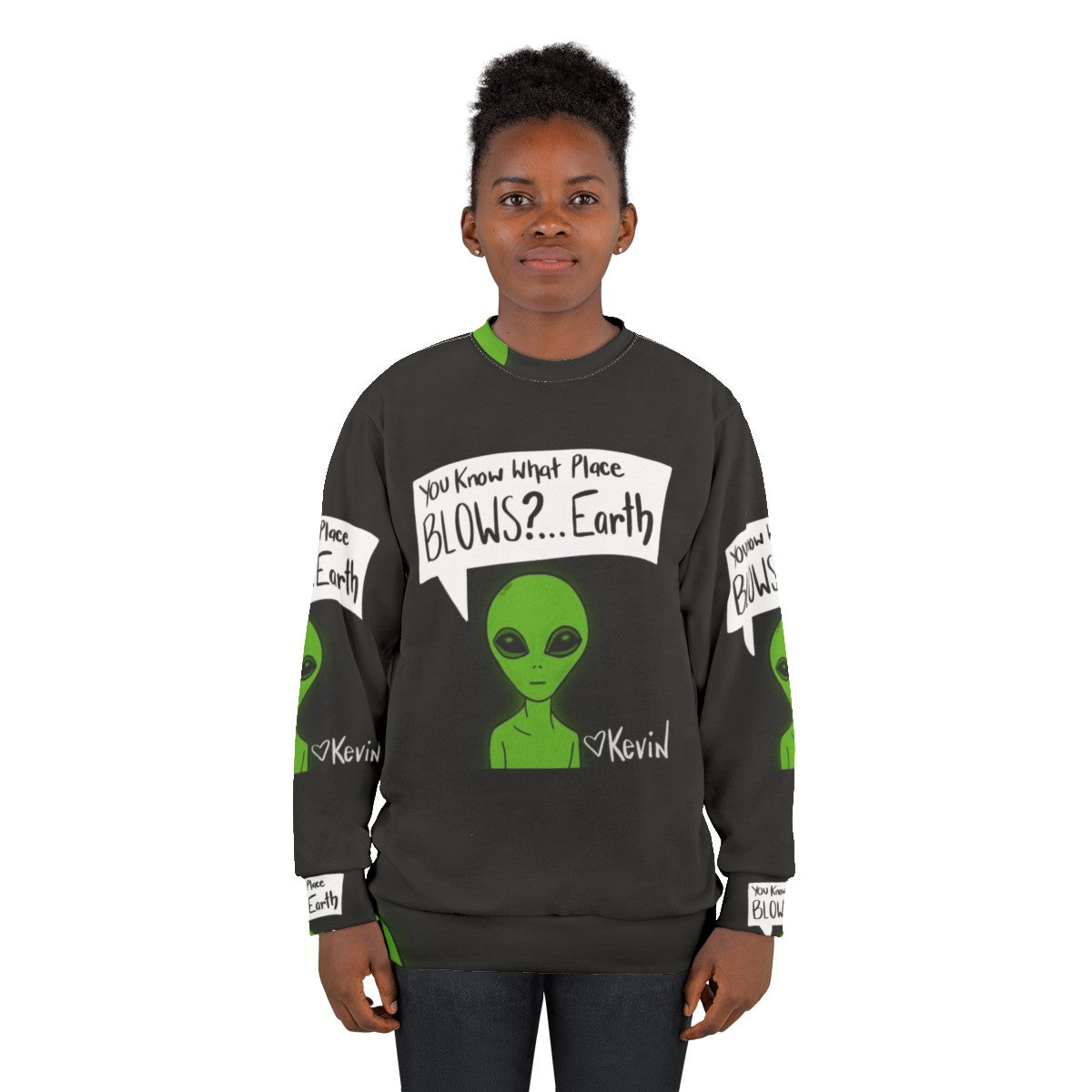 "Earth Sweatshirt with Machine Gun Kelly, Pete Davidson, and other pop culture references" - women