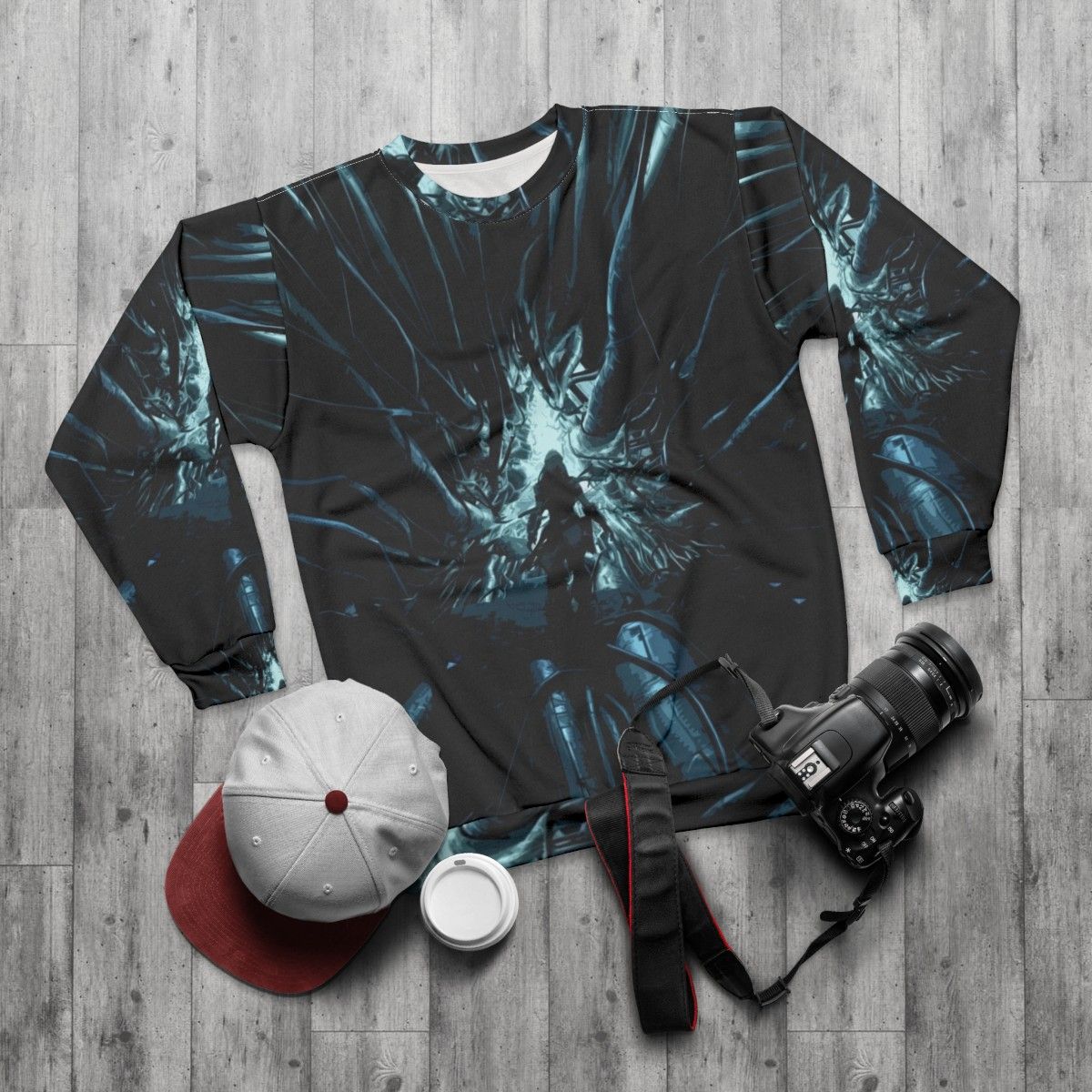 Horizon Zero Dawn Cauldron Sweatshirt featuring stylized sci-fi and cyberpunk design - flat lay