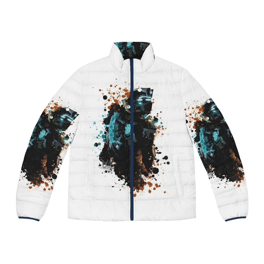 Dead Space Dark Splatter Puffer Jacket featuring the iconic Isaac Clarke