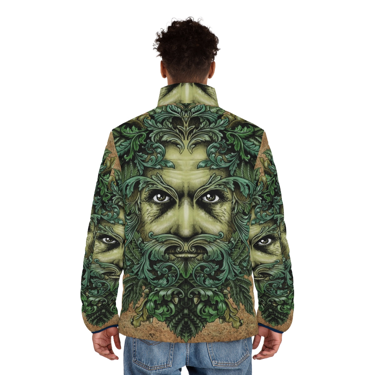 Green Man puffer jacket with ornate leaf and scroll design - men back