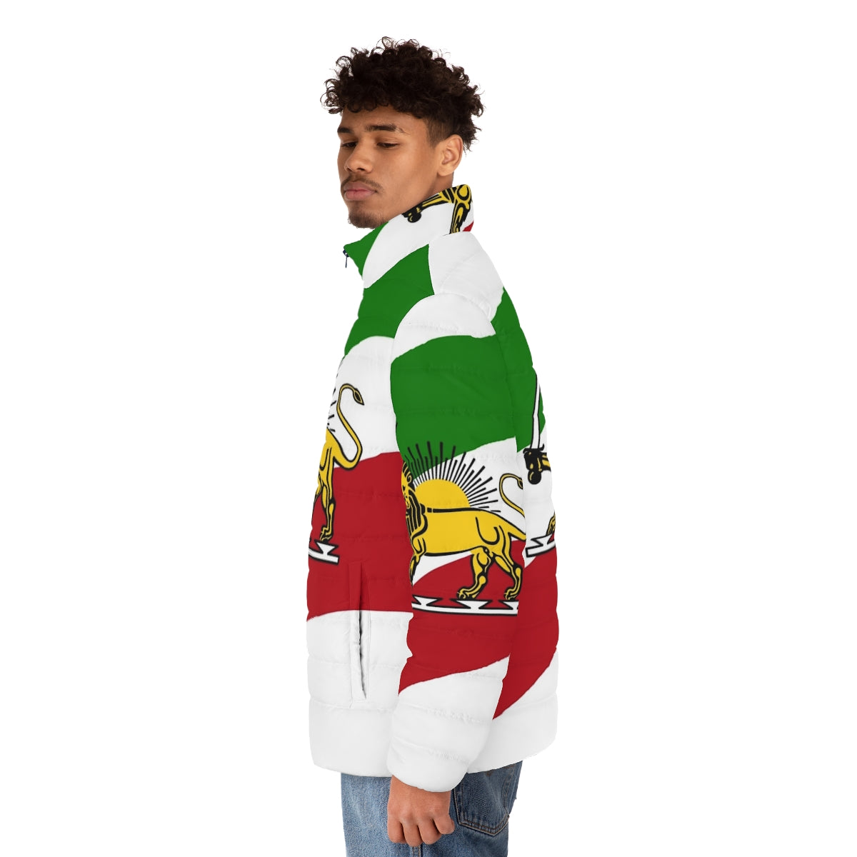 Puffer jacket with Iranian flag and lion design - men side left