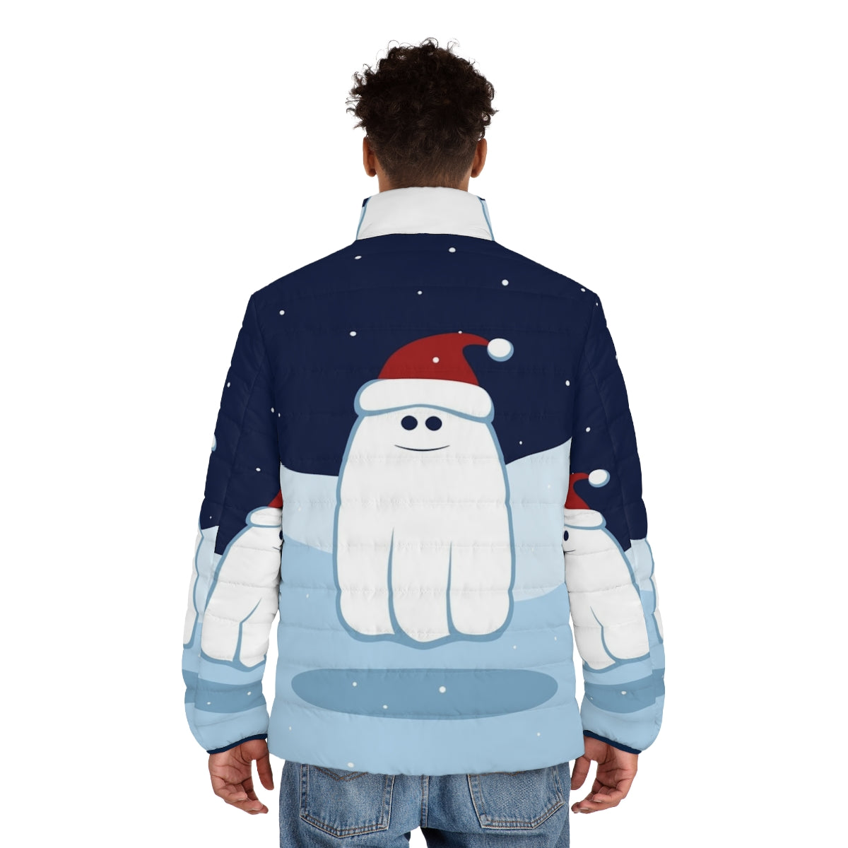 Cute cartoon Christmas ghost puffer jacket for winter weather - men back