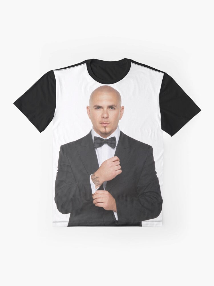 Man wearing a t-shirt with the "Mr Worldwide" graphic design featuring Pitbull - Flat lay