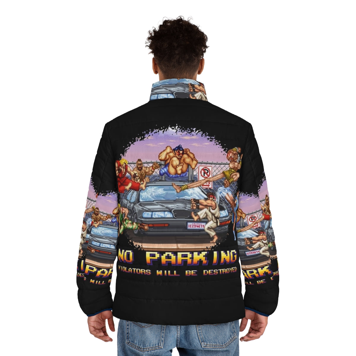 Retro 8-bit pixel art puffer jacket with "No Parking Violators Will Be Destroyed" text - men back