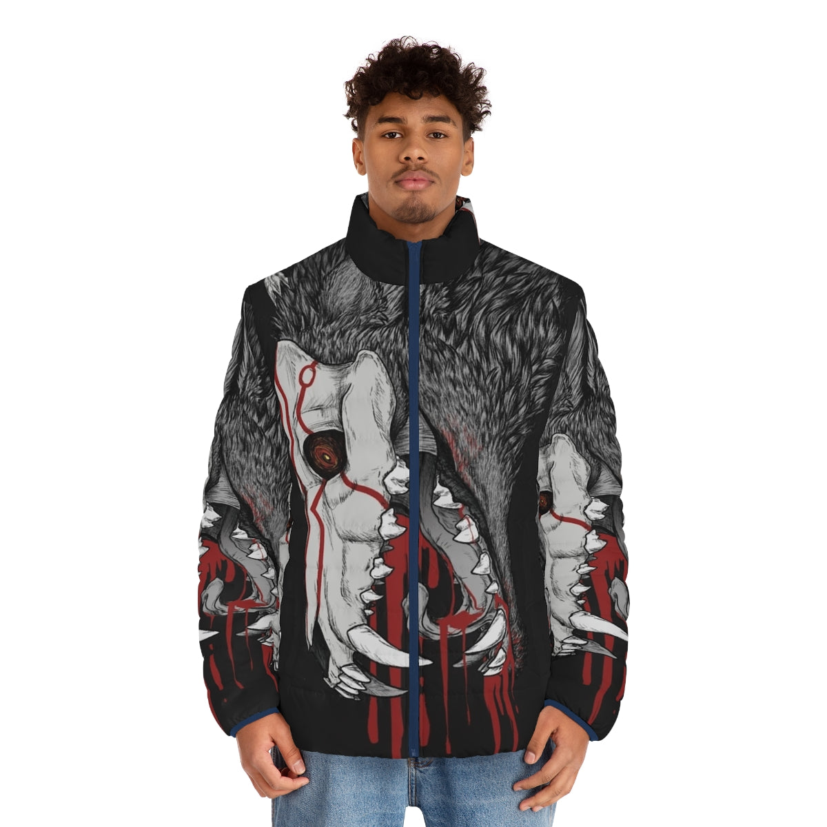 A black puffer jacket featuring horror elements like wolves, fangs, and blood for anime and horror enthusiasts. - men front